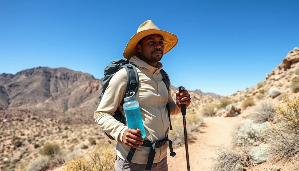 Hiker with proper desert hiking gear in the Black Mountains landscape Hiker with proper desert hiking gear in the Black Mountains landscape