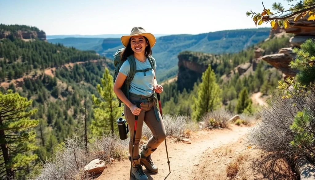 Hiker with proper gear at Little Grand Canyon Illinois Hiker with proper gear at Little Grand Canyon Illinois