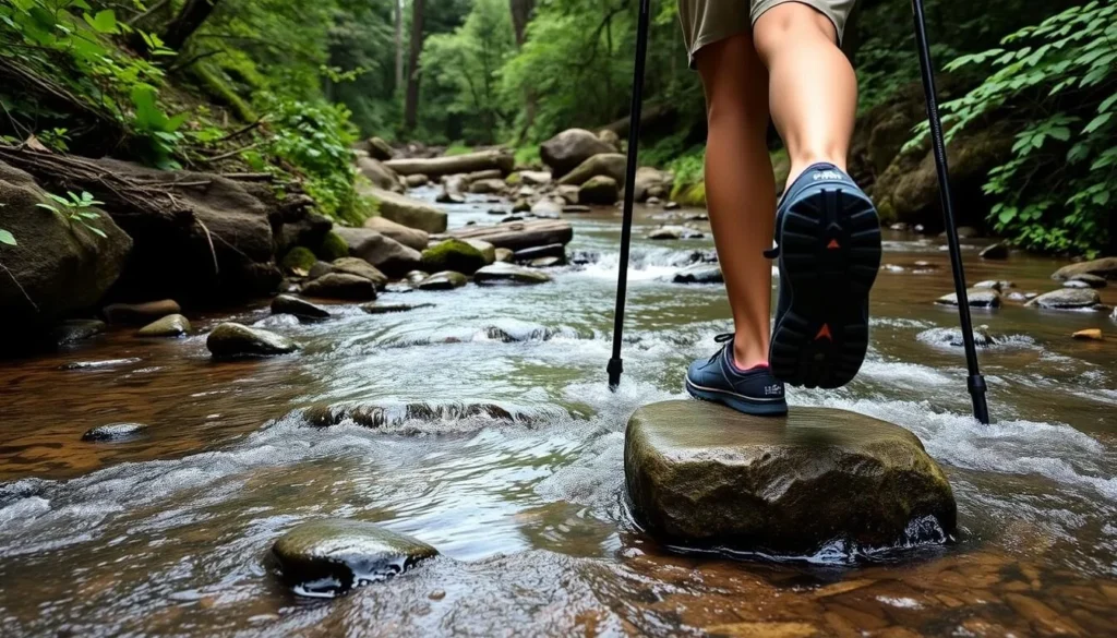 Hiker with proper gear crossing Limekiln Creek on stepping stones along the Falls Trail Hiker with proper gear crossing Limekiln Creek on stepping stones along the Falls Trail