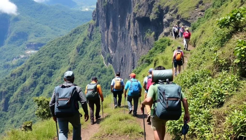 Hikers ascending the steep trail to the summit of Mount Roraima with porters carrying equipment Hikers ascending the steep trail to the summit of Mount Roraima with porters carrying equipment