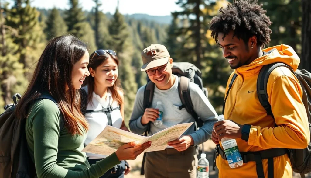 Hikers checking a trail map at Mount Tamalpais State Park trailhead Hikers checking a trail map at Mount Tamalpais State Park trailhead