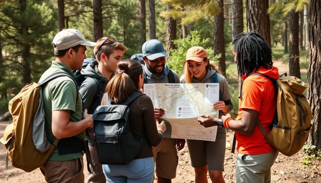 Hikers checking a trail map at a junction in Mount San Jacinto State Park Hikers checking a trail map at a junction in Mount San Jacinto State Park