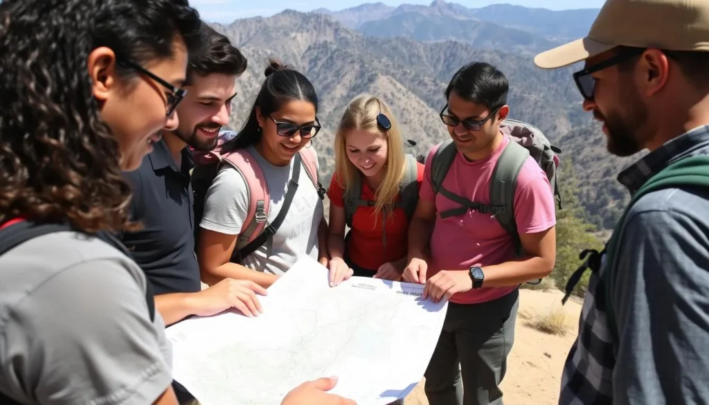 Hikers checking a trail map at the Mount Baldy trailhead Hikers checking a trail map at the Mount Baldy trailhead