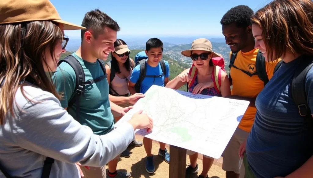 Hikers checking trail map at San Bruno Mountain State Park entrance Hikers checking trail map at San Bruno Mountain State Park entrance