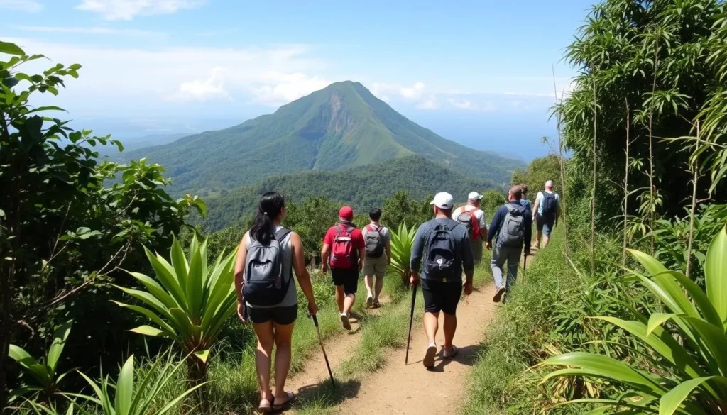 Hikers climbing Mt. Iraya with its lush vegetation and panoramic views Hikers climbing Mt. Iraya with its lush vegetation and panoramic views