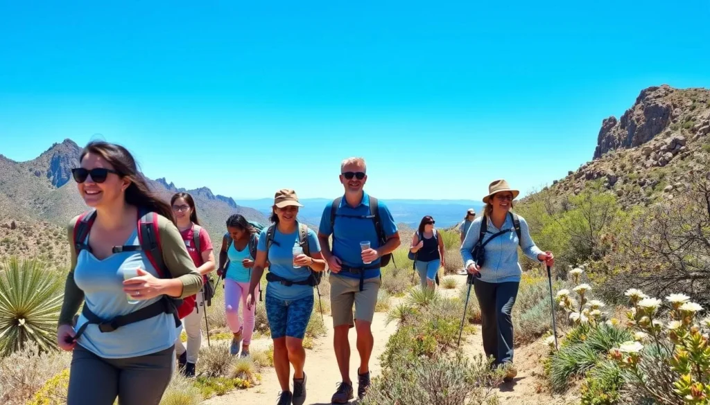 Hikers enjoying Camelback Mountain trail during optimal spring weather with desert wildflowers
