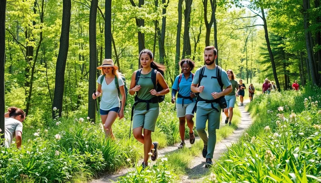 Hikers enjoying a beautiful trail at Kickapoo State Recreation Area near Danville Hikers enjoying a beautiful trail at Kickapoo State Recreation Area near Danville