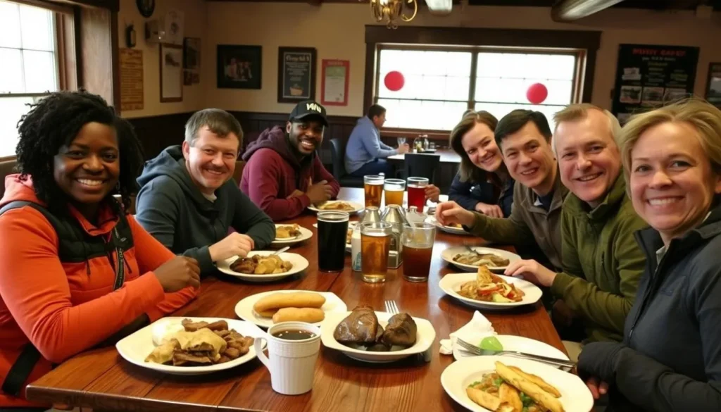 Hikers enjoying a meal at a local restaurant near Peters Mountain with diverse group of people