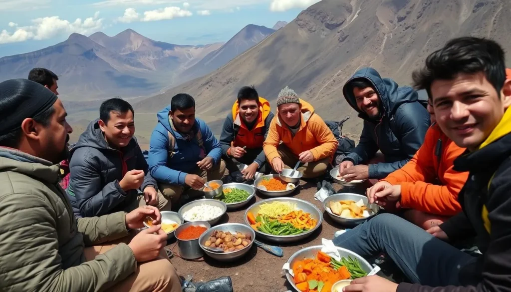 Hikers enjoying a meal prepared by porters at a camp on Mount Roraima with the unique landscape visible in the background Hikers enjoying a meal prepared by porters at a camp on Mount Roraima with the unique landscape visible in the background