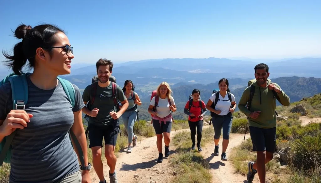 Hikers enjoying a scenic trail with mountain views at Mount San Jacinto State Park Hikers enjoying a scenic trail with mountain views at Mount San Jacinto State Park