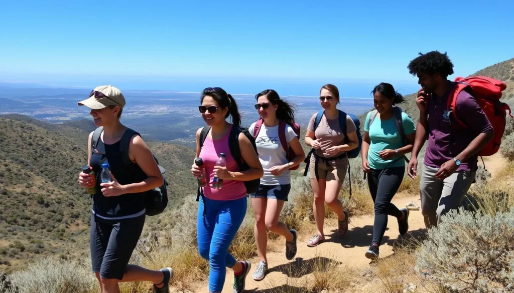 Hikers enjoying a trail in the Santa Ynez Mountains near Chumash Painted Cave State Historic Park with panoramic views Hikers enjoying a trail in the Santa Ynez Mountains near Chumash Painted Cave State Historic Park with panoramic views