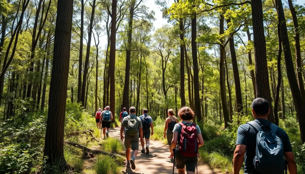 Hikers enjoying a trail through the eucalyptus forest in Entoto Hills Hikers enjoying a trail through the eucalyptus forest in Entoto Hills