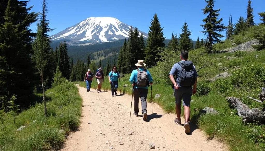 Hikers enjoying a trail with views of Mount Shasta in the background Hikers enjoying a trail with views of Mount Shasta in the background