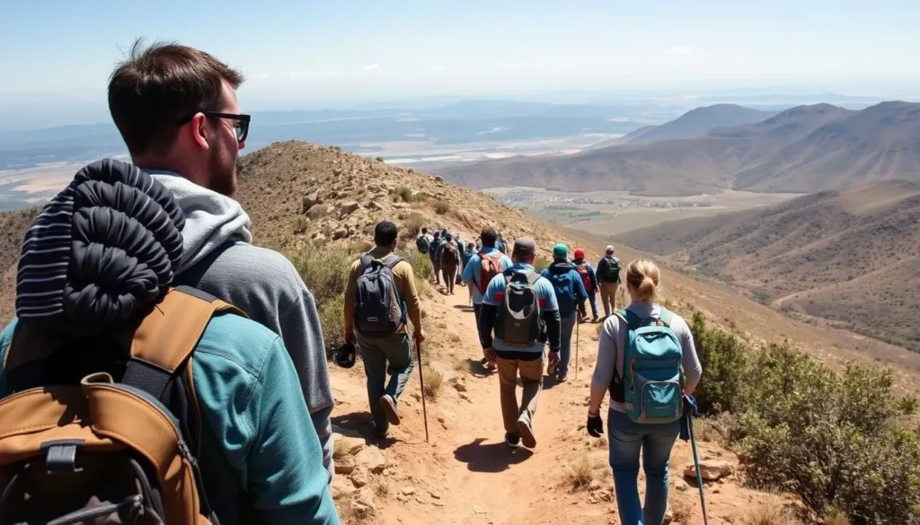 Hikers enjoying clear views at Mount Zuqualla during the dry season with good visibility of the crater lake