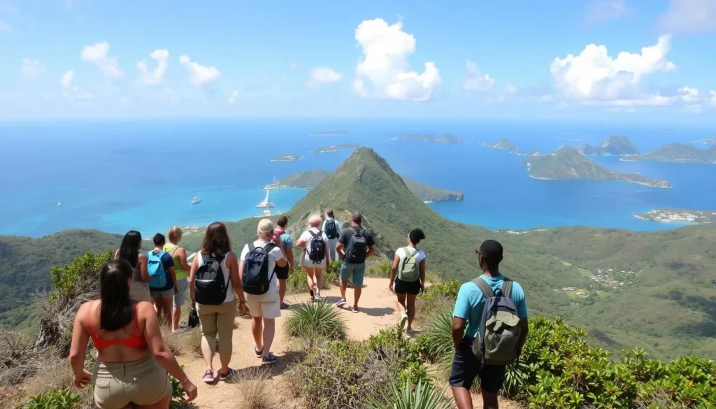 Hikers enjoying panoramic views from Gorda Peak on Virgin Gorda