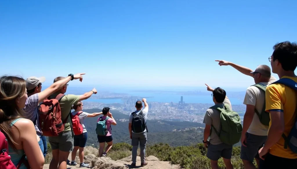 Hikers enjoying panoramic views from San Bruno Mountain summit Hikers enjoying panoramic views from San Bruno Mountain summit