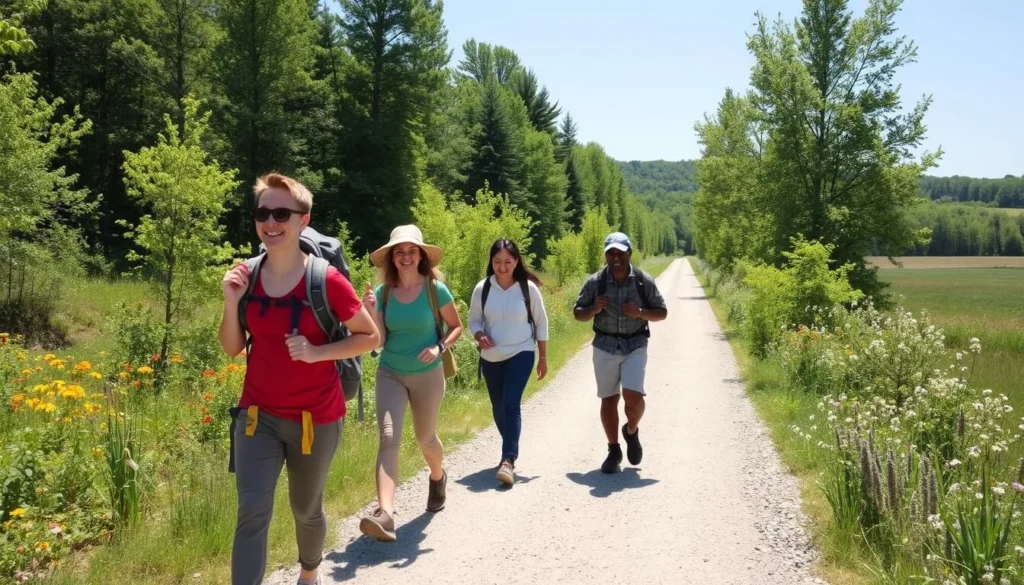 Hikers enjoying the Cumberland Valley Rail Trail in Hampden Township with scenic natural surroundings