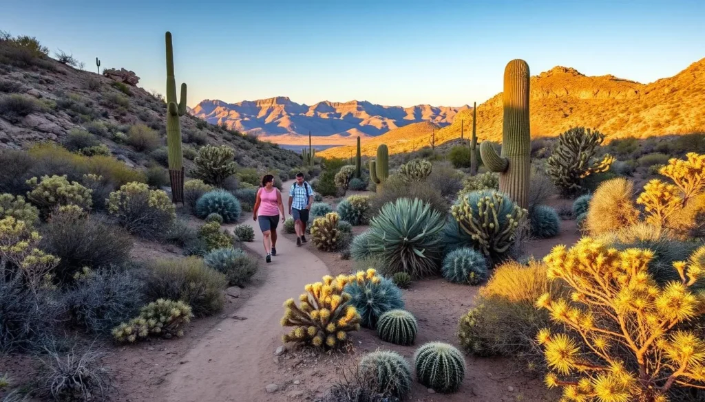 Hikers enjoying the Ocotillo Trail at Kartchner Caverns State Park with desert vegetation and mountain views