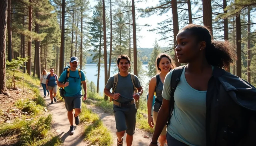 Hikers enjoying the Trail of New Giants at Parker Dam State Park with vista views