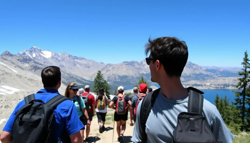 Hikers enjoying the scenic trail to Lone Pine Lake on Mount Whitney Hikers enjoying the scenic trail to Lone Pine Lake on Mount Whitney