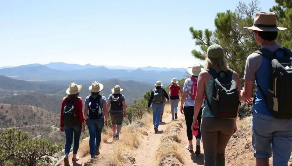 Hikers enjoying the scenic trails at Cerrillos Hills State Park with mountain views