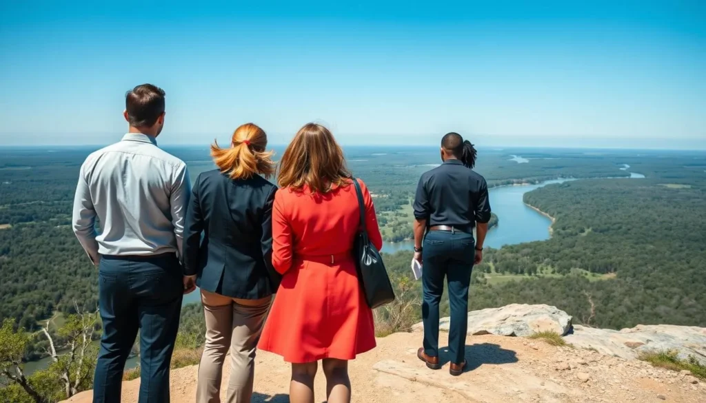 Hikers enjoying the view from McAdams Peak at Pere Marquette State Park Illinois overlooking the Illinois River Hikers enjoying the view from McAdams Peak at Pere Marquette State Park Illinois overlooking the Illinois River