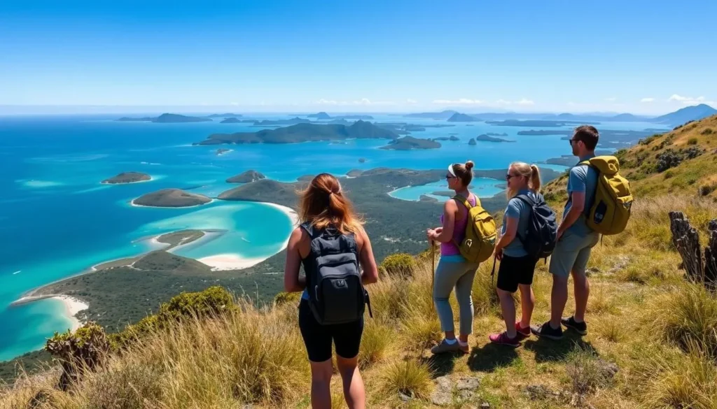 Hikers enjoying the view from a trail on Urupukapuka Island in the Bay of Islands