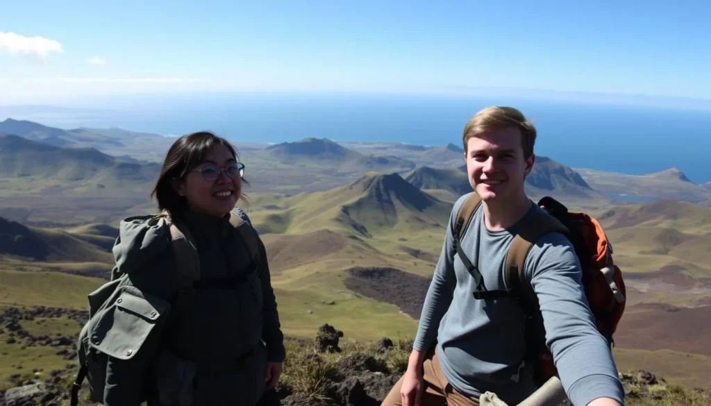 Hikers enjoying the view from the top of Terevaka volcano, the highest point on Easter Island, showing outdoor activities covered in this Easter Island travel guide