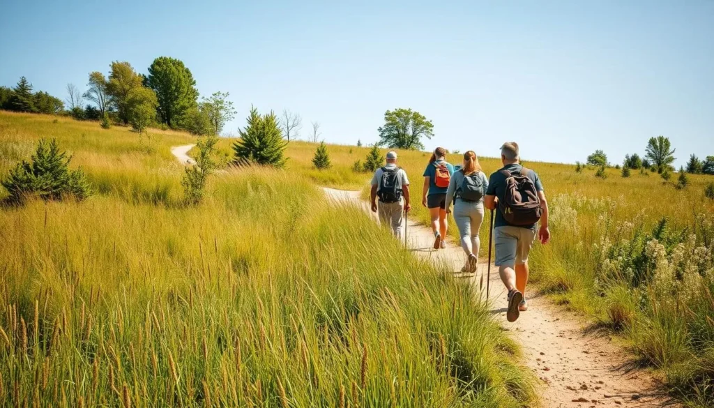 Hikers exploring a nature trail in Iroquois County State Park through prairie habitat Hikers exploring a nature trail in Iroquois County State Park through prairie habitat