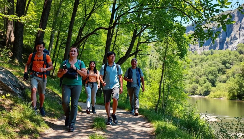 Hikers exploring a trail along Apple River with limestone bluffs in background