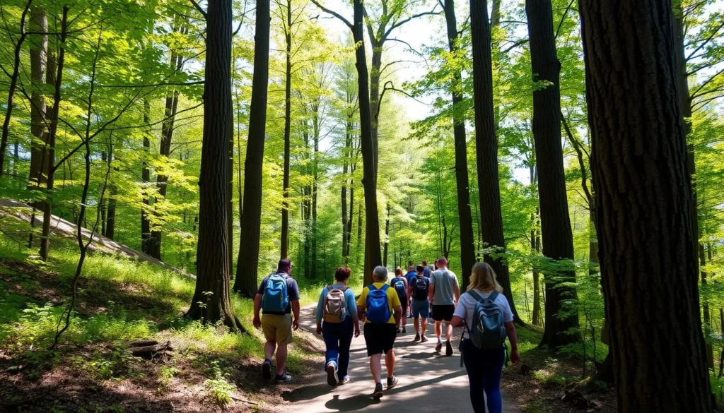 Hikers exploring a trail in Bucktail State Park Natural Area Hikers exploring a trail in Bucktail State Park Natural Area