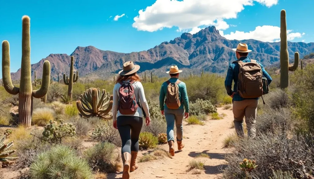 Hikers exploring a trail in Cabeza Prieta National Wildlife Refuge with desert landscape and mountains