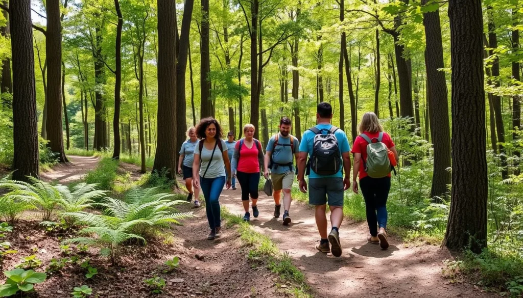 Hikers exploring a trail in Shawnee National Forest near Lake of Egypt Hikers exploring a trail in Shawnee National Forest near Lake of Egypt