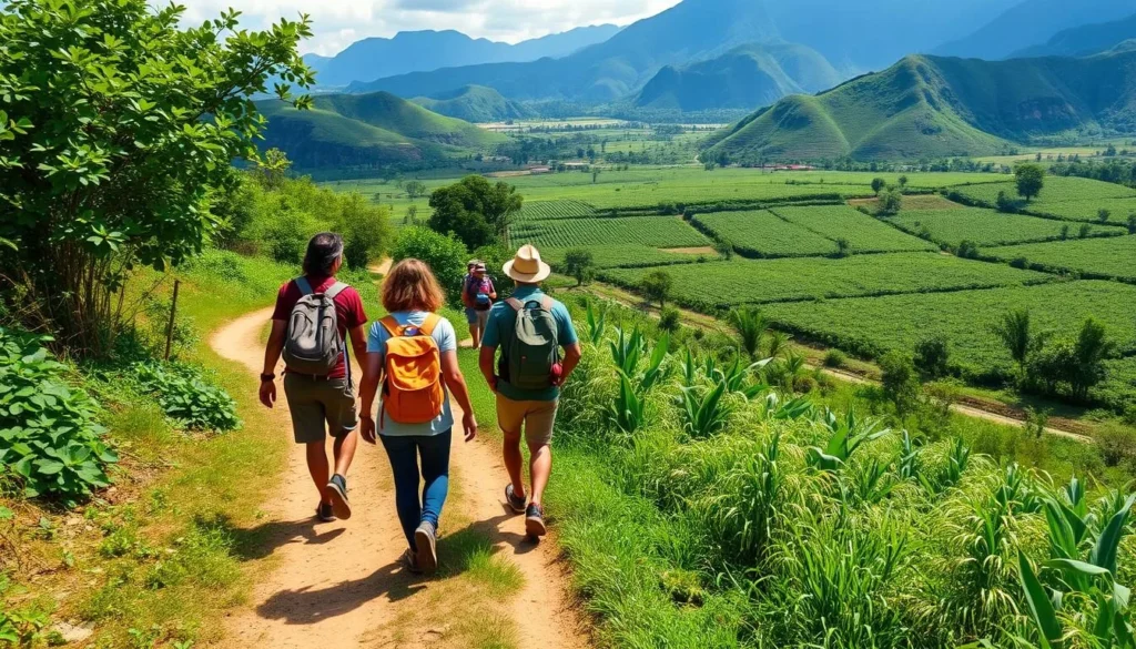 Hikers exploring a trail through Viñales Valley with mogotes and tobacco fields visible