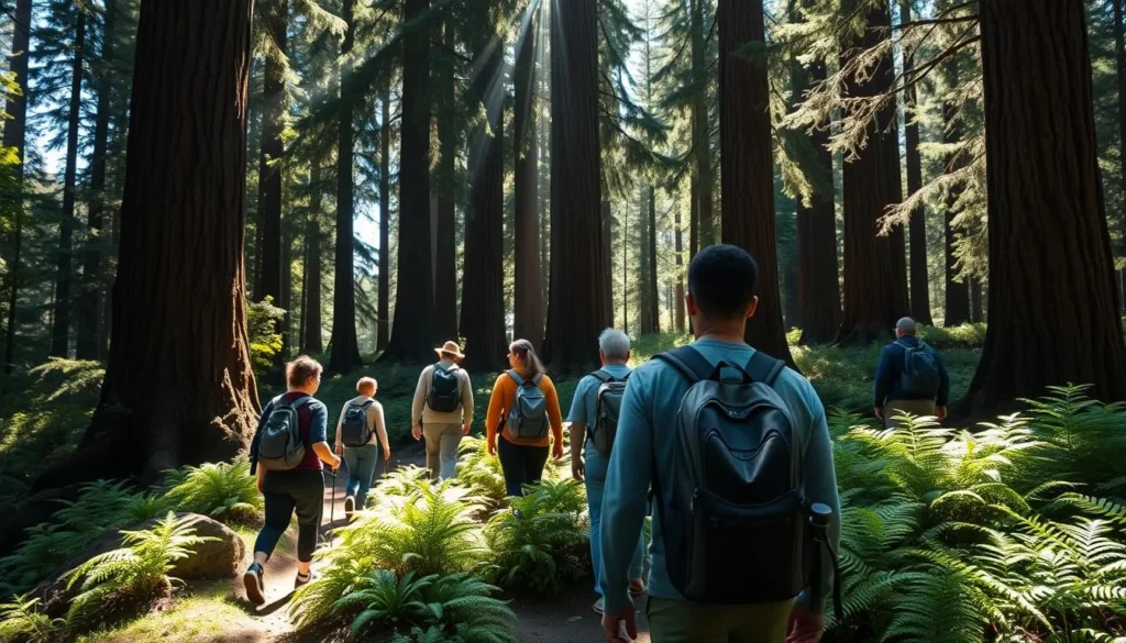 Hikers exploring a trail through ancient redwoods in Mendocino Woodlands State Park Hikers exploring a trail through ancient redwoods in Mendocino Woodlands State Park