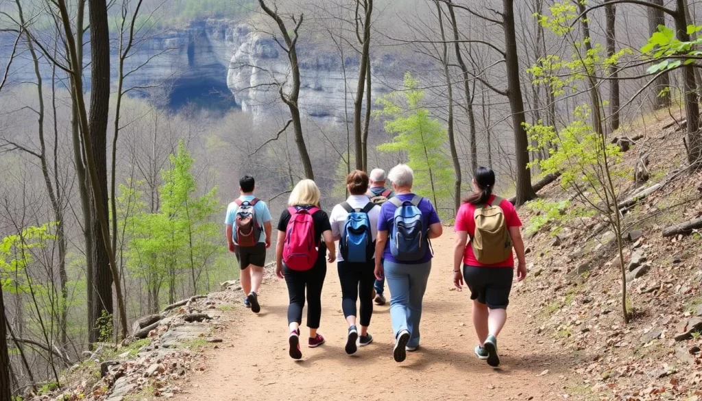 Hikers exploring a well-maintained trail at Mississippi Palisades Nature Preserve with diverse group of people enjoying the scenery