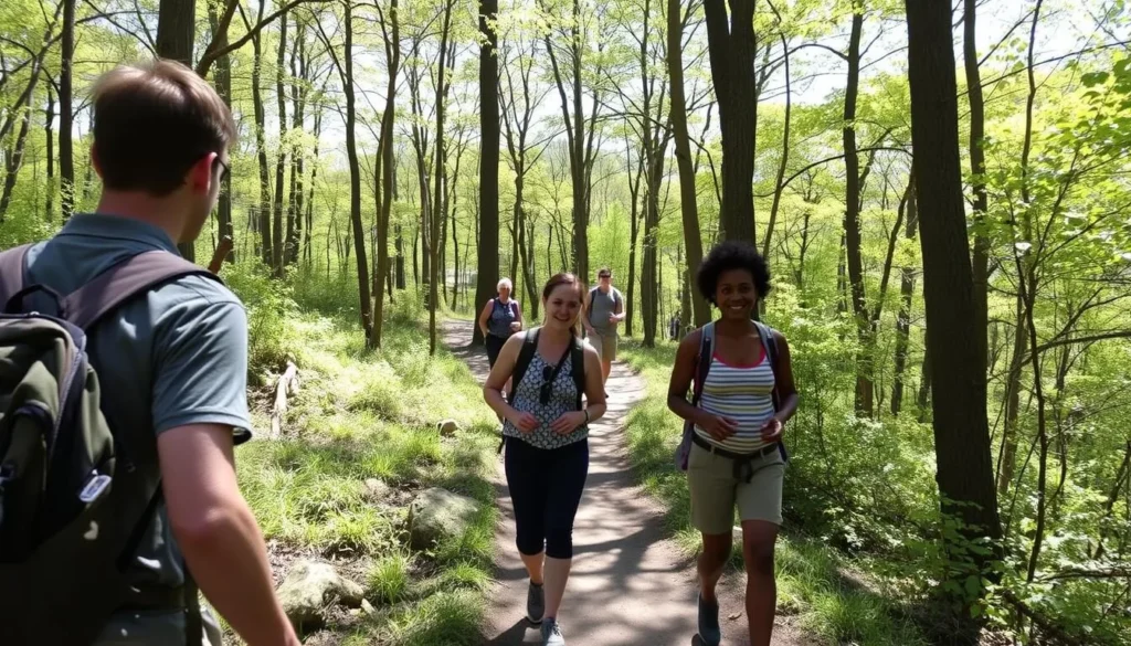 Hikers exploring a well-marked trail through the forested area of Castle Rock State Park Illinois Hikers exploring a well-marked trail through the forested area of Castle Rock State Park Illinois