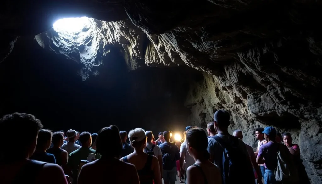 Hikers exploring one of Mount Elgon's famous caves with natural light streaming in