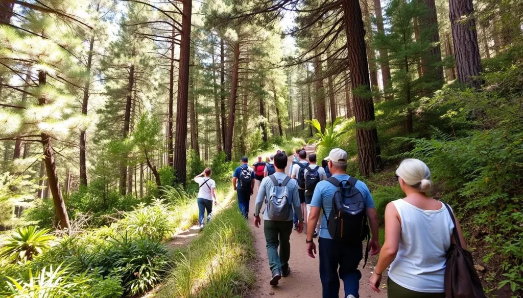 Hikers exploring the French Valley Trail in Palomar Mountain State Park surrounded by diverse forest vegetation
