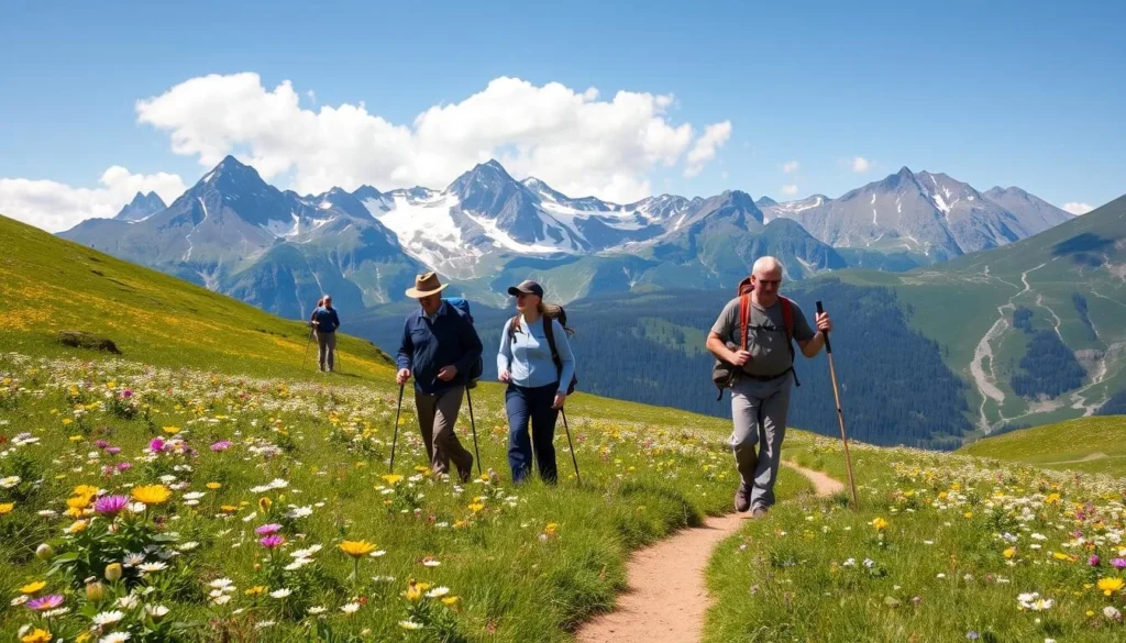 Hikers exploring the alpine meadows and mountain trails in Tunkinsky National Park Hikers exploring the alpine meadows and mountain trails in Tunkinsky National Park