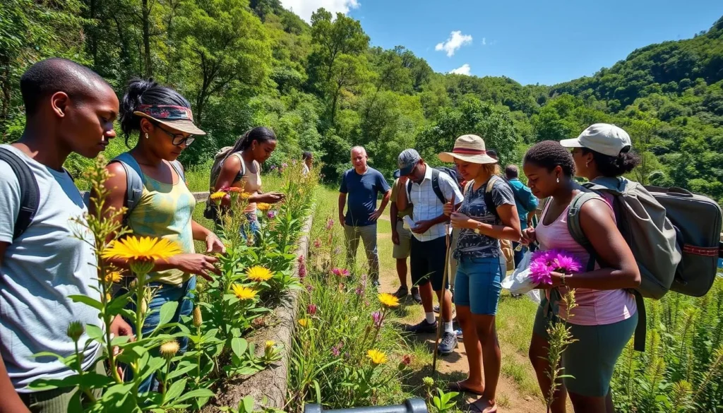 Hikers exploring the biodiversity of Macaya National Park Haiti with endemic plants visible