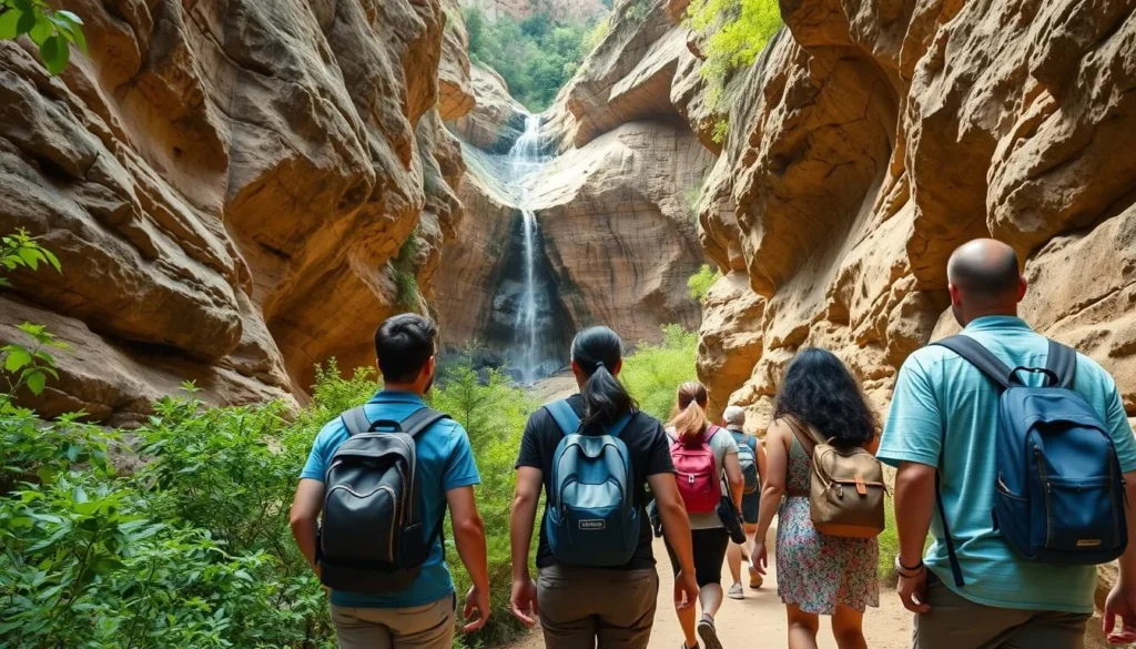 Hikers exploring the canyons and waterfalls at Starved Rock State Park along the Illinois River Road National Scenic Byway Hikers exploring the canyons and waterfalls at Starved Rock State Park along the Illinois River Road National Scenic Byway