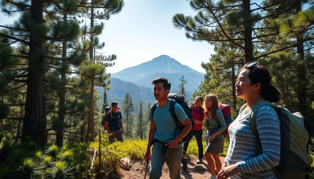Hikers exploring the pine forests and diverse ecosystems on the lower slopes of Pico de Orizaba