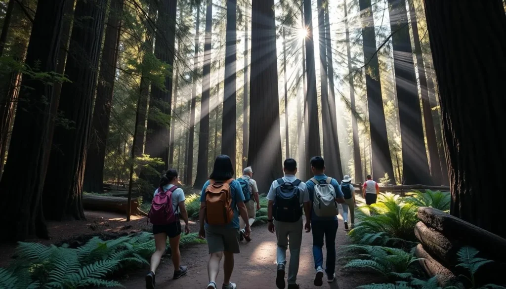 Hikers exploring the redwood forest trails at Limekiln State Park with sunlight filtering through the canopy Hikers exploring the redwood forest trails at Limekiln State Park with sunlight filtering through the canopy
