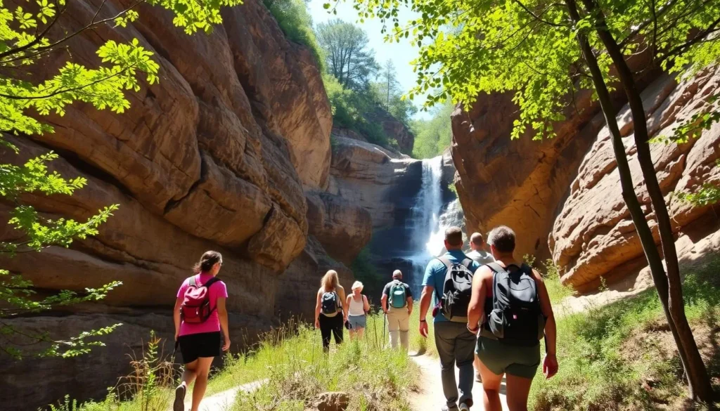 Hikers exploring the sandstone canyons and waterfalls at Starved Rock State Park near the western end of the corridor Hikers exploring the sandstone canyons and waterfalls at Starved Rock State Park near the western end of the corridor