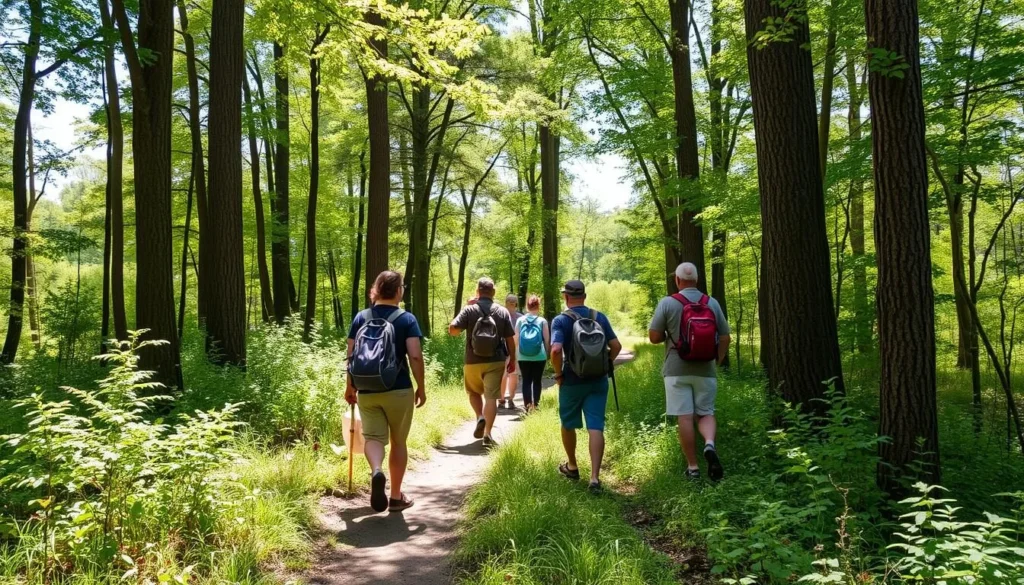 Hikers exploring trails at Harry 'Babe' Woodyard State Park Illinois with diverse group of visitors enjoying nature Hikers exploring trails at Harry 'Babe' Woodyard State Park Illinois with diverse group of visitors enjoying nature