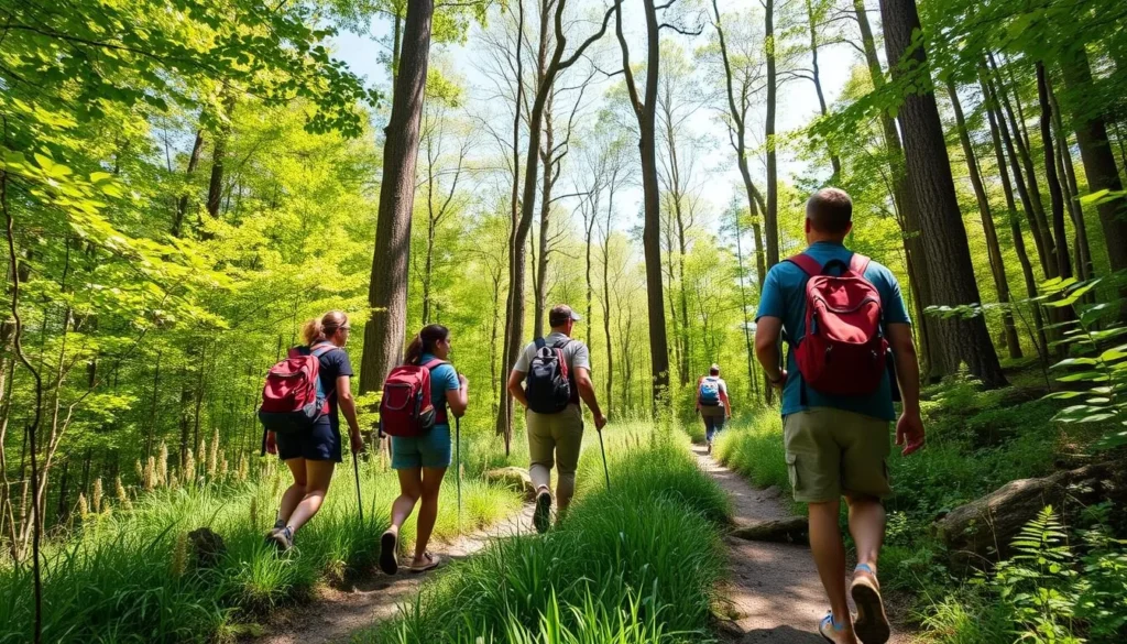 Hikers exploring trails in Laurel Mountain State Park Pennsylvania during summer Hikers exploring trails in Laurel Mountain State Park Pennsylvania during summer
