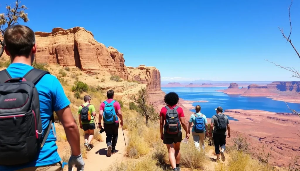 Hikers exploring trails near Antelope Point with Lake Powell visible in background