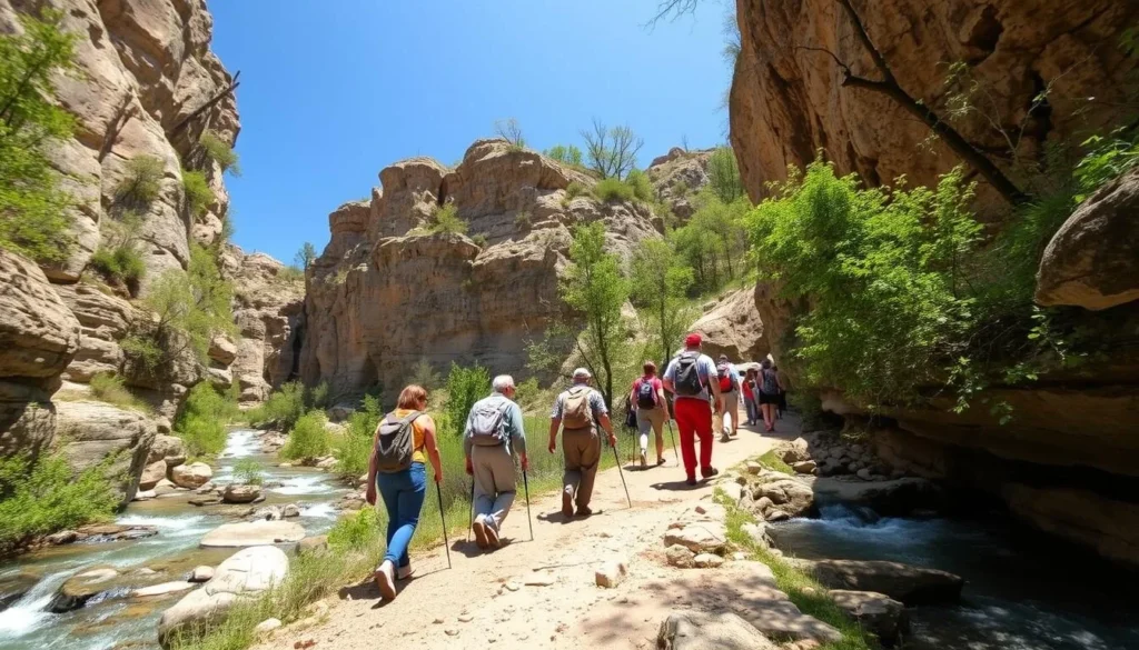 Hikers exploring trails through limestone canyons at Rock Creek in Kankakee River State Park Illinois Hikers exploring trails through limestone canyons at Rock Creek in Kankakee River State Park Illinois