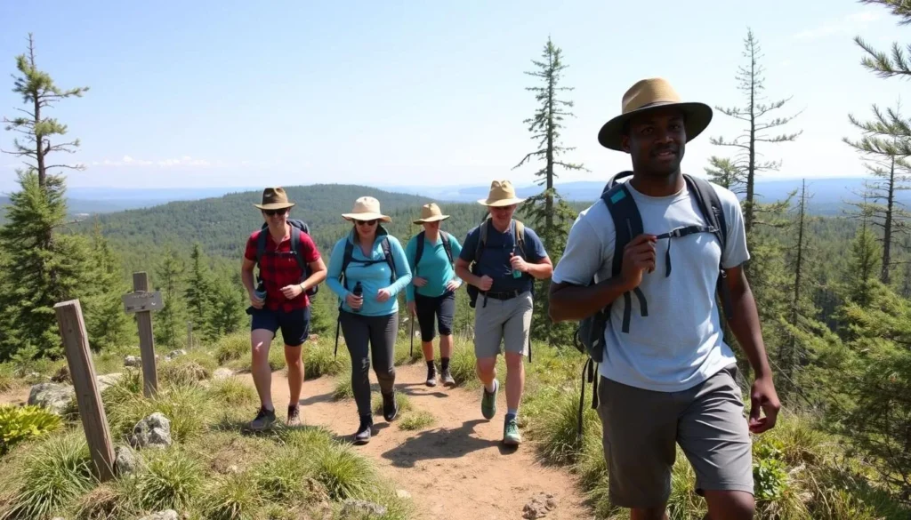 Hikers following trail markers on Bald Eagle Mountain with safety gear
